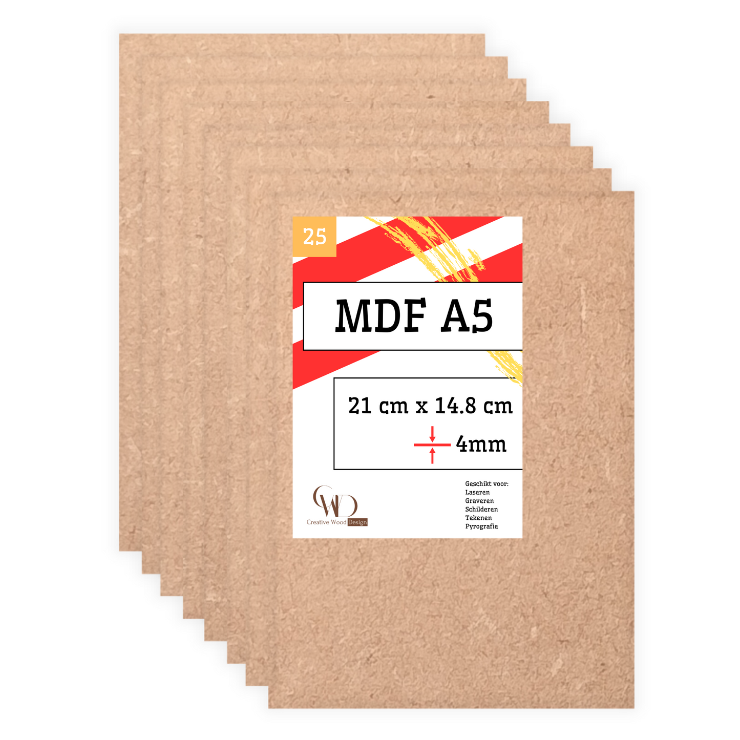 Wil je jouw creaties uitlaseren, graveren, tekenen, schilderen, ... in een MDF plaat van hout, het is allemaal mogelijk! Je kan bijvoorbeeld een A5 formaat 4mm dik met 25 stuks gebruiken.
