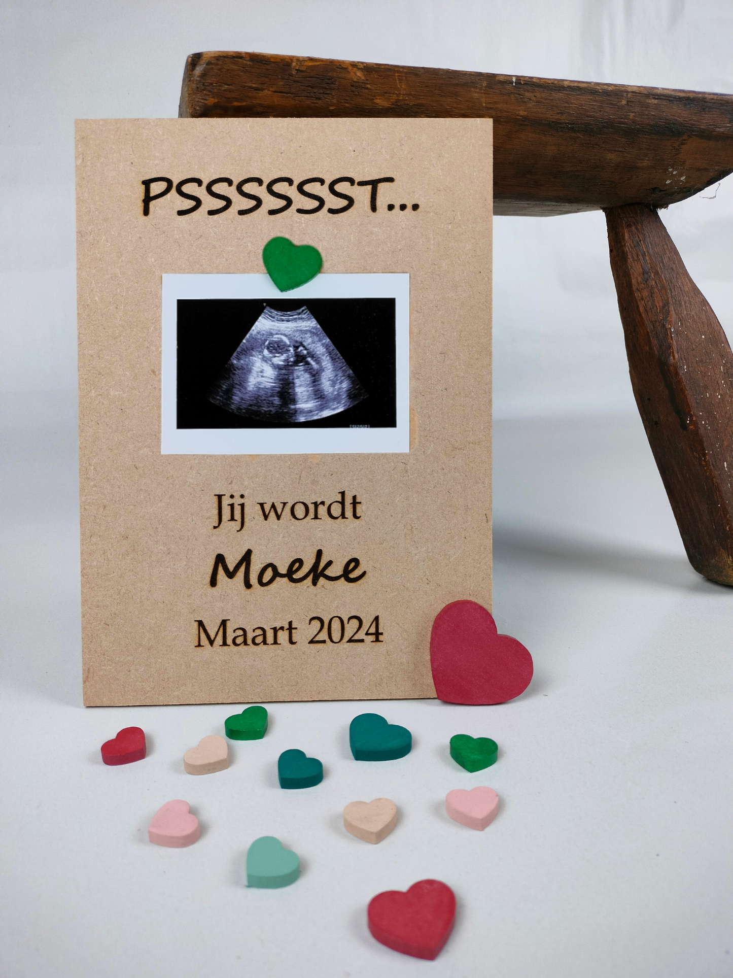 Houten aankondiging geboortekaartje zelf samenstellen voor de geboorte van een baby