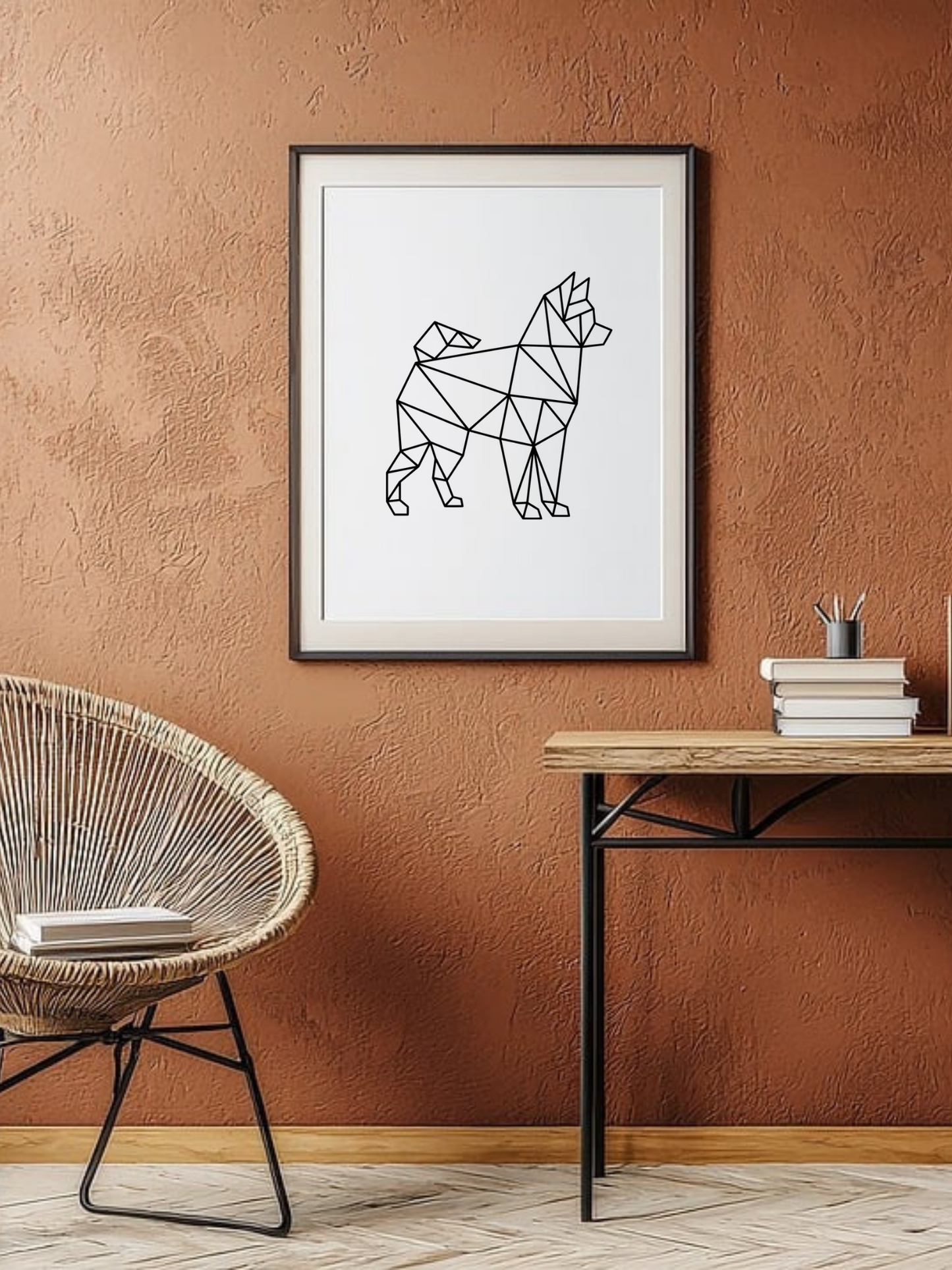 Houten zwarte geometrische wanddecoratie van een hond