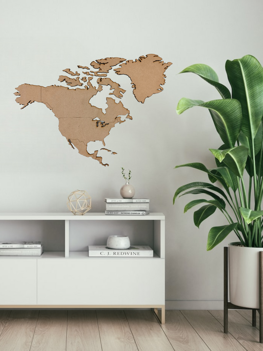 Een houten kaart van Noord-Amerika in hout in jouw kamer. Ideaal voor de avonturiers die geen genoeg van Noord-Amerika kunnen krijgen.